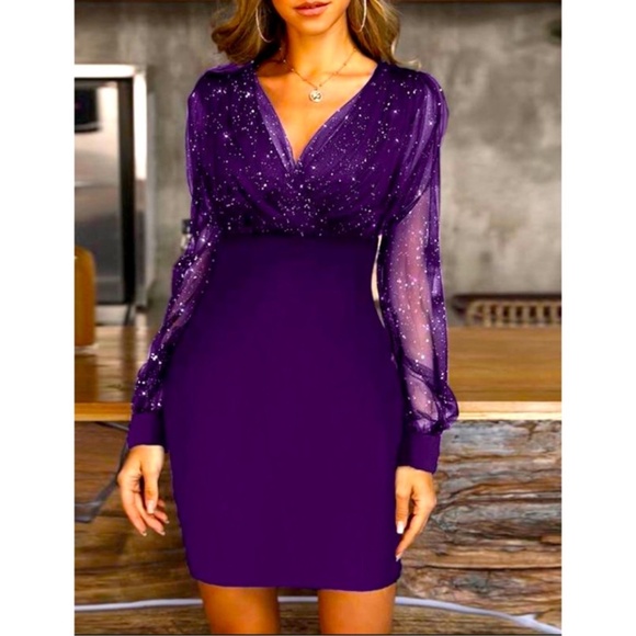 New Long Sleeves Purple Sequin Glitter V-Neck Dress Sz XS - Picture 3 of 5